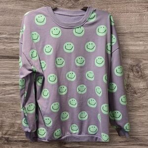 Sweatshirt Purple with Green Smiley Faces Medium